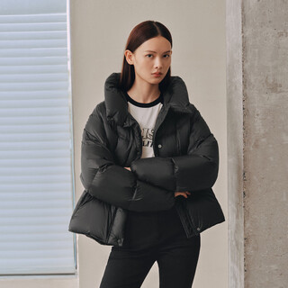 Peacebird hot air balloon women's hooded puff bud long down jacket winter warm jacket obsidian black short s