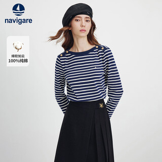 Navigare italian small sailing lady's 25th new one-line collar striped top cotton long-sleeved t-shirt 2335005502