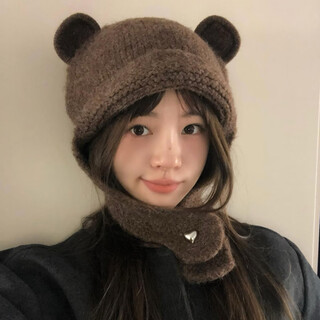 Somubay (somubay) bear woolen hat for women, cute face-showing small woolen knitted hat, autumn and winter new warm ear protection lei feng hat, brown m (56-58cm)