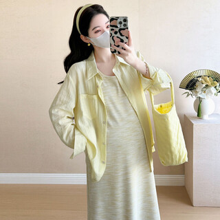 Pregnant women autumn dress 2025 new sun protection shirt french loose vest suit autumn maternity skirt yellow sun protection shirt high quality recommended version m