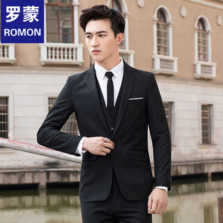 Romon two-piece men's casual suit, slim two-button small suit, business professional formal wear, youth suit, professional suit, one-button black suit + trousers + vest m (100jin jin is equal to less than 0.5 kg)