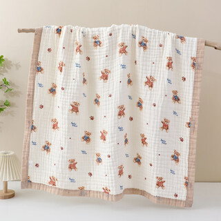 Baby gauze bath towel cover blanket pure cotton absorbent six-layer infant bath towel for newborn children super soft in winter 6-layer gauze wide edge new teddy bear 110*110 1 piece