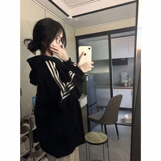 Mostspot non-pilling cardigan sweatshirt women's jacket spring and autumn style plus velvet hot style three stripes loose slimming korean style versatile outer wear black plus velvet m 86-105jin jin is equal to 0.5 kg