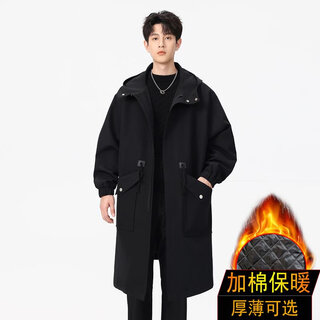 LOFVRANG加棉加厚保暖中长款风衣外套男秋冬大码宽松胖子休闲大衣过膝披风 黑色加棉加厚 2XL 适合160到180斤