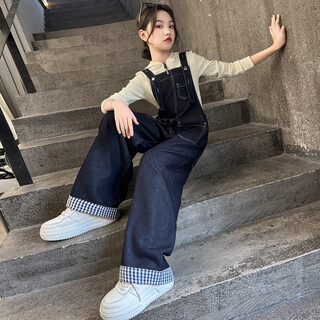 Xiazi pier children's clothing girls' denim overalls suit spring and autumn style casual hoodies for middle-aged and older children's girls korean style sweet and cool blue plaid denim overalls 150