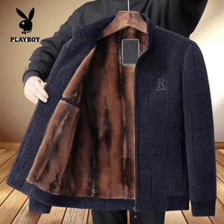 Playboy (playboy) winter men's chenille jacket dad's woolen jacket autumn and winter middle-aged men's top official flagship new model/black and blue chenille stand-up collar plus velvet thickening m 170 (suitable for 100-115 jin jin is equal to 0.5 kg