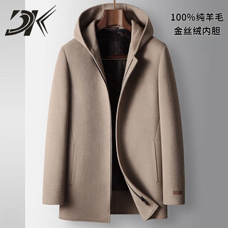 Dk high-end men's 100% pure wool double-sided woolen coat men's mid-length coat autumn and winter fashion hooded versatile khaki-medium size m /170 (suitable for 100-120jin jin equals 0.5 kg)