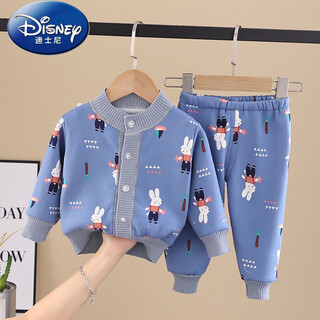 Disney baby autumn suit for boys and girls plus velvet and thickened two-piece suit 2025 winter outer wear and inner milk silk warm suit suit milk silk blue suspender rabbit 80 80cm