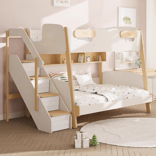Boori imported solid wood double-layer children's bunk bed, high and low bunk beds, boys and girls do not disturb each other, bunk beds, barley white, escalator bed 1.5 meters + mattress * 2, free bookcase