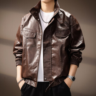 Revium high-end american fashion brand high street stand-up collar pu leather jacket men's autumn handsome motorcycle jacket loose versatile tops for men brown m suitable for 100-120 jin jin equals 0.5 kg