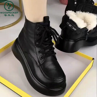 Woodpecker genuine leather wool snow boots for women 2025 new winter velvet thickened cotton shoes fur integrated thick sole versatile cotton boots black white velvet 38