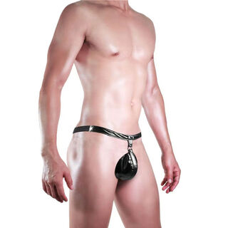 Young men's sexy underwear, sexy low-waisted imitation leather thong, t-pants, fully transparent and hollow, black, one size fits all