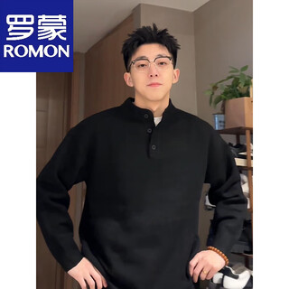 Lomon korean henry collar winter men's knitted pullover sweater, high-end handsome black polo shirt jacket with inner black m