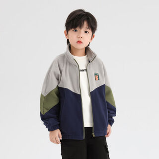 Piggy banner boys' multi-color stitching korean style austrian velvet jacket for small and medium-sized children's clothing contrasting color cardigan zipper stand collar jacket trendy navy/leaf green/zinc gray 140 recommended height 130-140cm