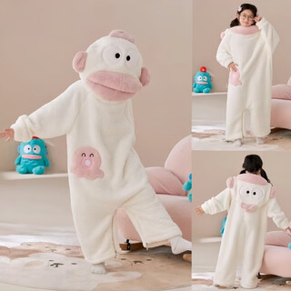 Cherry-embellished ugly fish pajamas children's autumn and winter thickened long pajamas cartoon big mouth fish funny big children's winter home clothes white ugly fish (children's jumpsuit) 170 size 10 (recommended height 105-115cm and weight 35-40