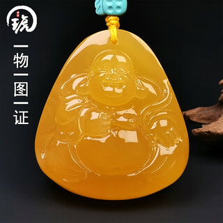 Hupai one thing one picture one certificate natural beeswax pendant maitreya buddha buddha statue pendant necklace chicken fat yellow pendant 19.52 grams 42*39*19 mm
