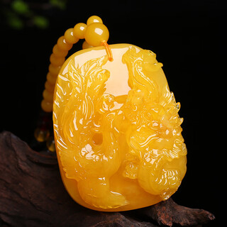 Yuze natural beeswax dragon and phoenix carved pendant old beeswax amber phoenix necklace chicken oil yellow sweater chain pendant gift phoenix pendant + bead chain