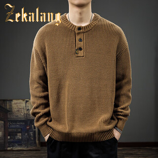 Zekalang 2025 henry collar sweater for men in autumn, loose large size, long-sleeved american retro trendy casual sweater, khaki s _suitable weight 95-105jin jin is equal to 0.5 kg