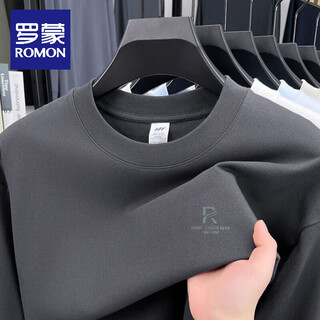 Romon high-end 100% cotton sweatshirt men's 2025 spring and autumn new round neck long-sleeved t-shirt casual tops bottoming shirt dark gray long-sleeved m 90-120jin jin equals 0.5 kg to wear