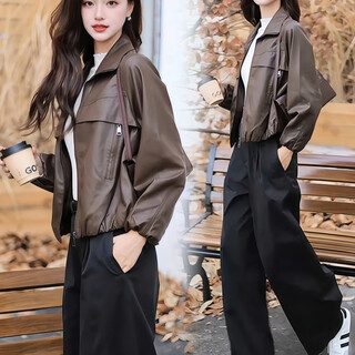 Fabric story luofen flagship store women's clothing 2025 new style high-end temperament casual versatile trendy leather jacket autumn brown jacket m