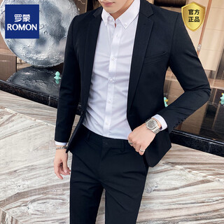 Romon korean style suit, handsome and trendy male wedding groomsmen dress host slim suit two-piece suit 102 black two-piece suit = suit + pants s (suitable for 95-105 jin jin equals 0.5 kg)