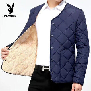 Playboy (playboy) autumn and winter men's cotton-padded jacket with velvet and thickening for cold protection, men's cotton-padded jacket with warm snap buttons, middle-aged dad's cotton-padded coat, official flagship, fine velvet and velvet, thickened navy blue 2xl 110-130jin jin is equal to 0.5kg