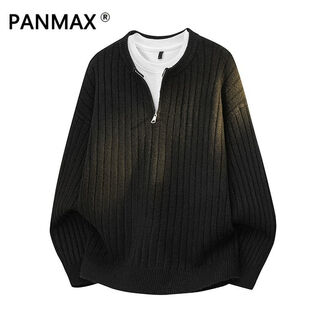 Panmax american henley collar hemp pattern sweater men's autumn and winter lazy sweater with heavy zipper sweater black m recommended 80-110jin jin equals 0.5 kg