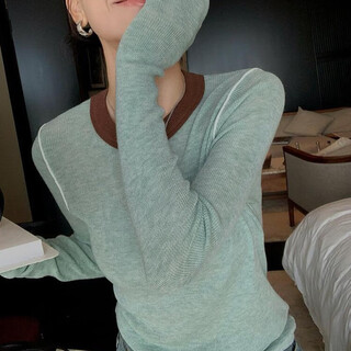 Yu zhaolin (yuzhaolin) contrast color round neck knitted bottoming shirt for women dopamine lazy style early autumn and winter slim fit inner sweater