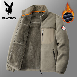 Playboy (playboy) jacket men's autumn and winter plus velvet thickened stand collar warm loose casual jacket khaki xl