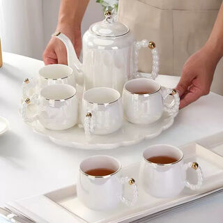 Yongxia light luxury housewarming ceramic water set tea cup household tea set nordic living room teapot cup water cup complete set pearl white 6 cups