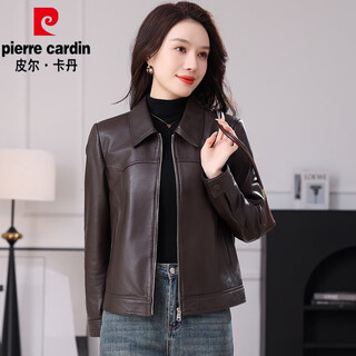 Pierre cardin haining authentic genuine leather jacket for women 2025 spring and autumn new first layer sheep oil wax leather jacket short coat coffee color 3xl (reference weight 141-155jin jin is equal to 0.5 kg)