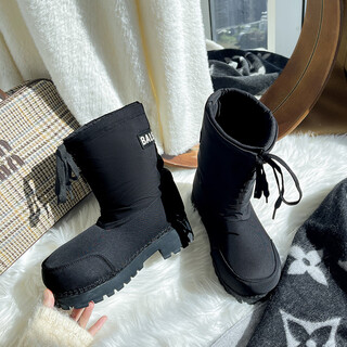 Mule donkey thick-soled big-head ski shoes 2025 autumn and winter new waterproof anti-slip warm snow boots women's fashion short boots cotton shoes black 35