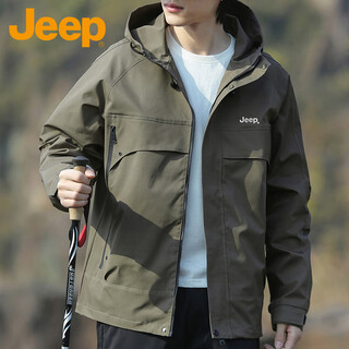 Jeep (jeep) jacket men's autumn trendy charge hooded jacket men's versatile loose work wear mountaineering wear men's army green 2xl