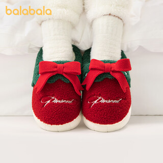 Balabala children's cotton slippers boys' winter velvet non-slip bow girls' wool shoes warm indoor home slippers christmas red 37 inner length 24cm suitable for feet length 36-37