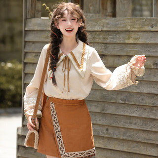 森女部落民族风宽松长袖衬衫女2025新款秋冬刺绣设计感卡其色上衣 浅卡其色衬衫 L