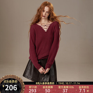 Fairy's pocket v-neck lazy style soft waxy sweater for women 25 autumn and winter new style loose slimming high-end sheep wool berry rose purple m