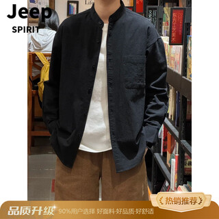 Jeep spirit light mature style casual stand collar black shirt men's autumn new chinese cotton and linen cardigan henry collar shirt jacket black upgraded version m