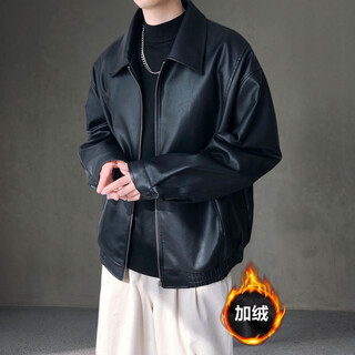 Yuhun american retro leather jacket coat men's loose pu leather jacket boys jacket spring and autumn hong kong style trendy handsome motorcycle jacket black velvet l loose version 125-140jin jin is equal to 0.5 kg