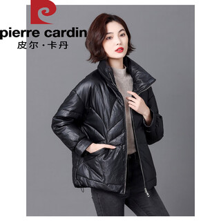 Pierre cardin 2025 winter new sheep leather down jacket women's short slim haining leather loose fur jacket thick black 2xl recommended 130~140jin jin equals 0.5 kg