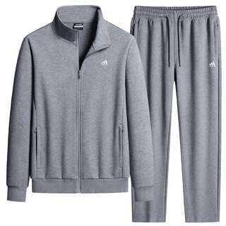 Adidas casual sports suit men's pure cotton winter velvet thickened stand-up collar middle-aged and elderly running fitness two-piece set stand-up collar gray straight (spring and autumn) 4xl recommended 170-190jin jin equals 0.5 kg