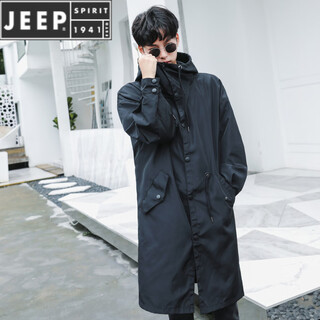 JEEP SPIRIT25秋冬装新款韩版男士连帽防风衣时尚长款过膝宽松时尚大衣外套潮 黑色 2XL