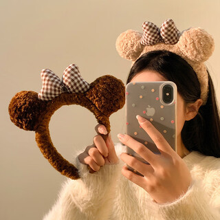 Miao yijia sweet bow cute bear ears plush headband women's winter face wash makeup hairband brown hairband trendy bow bear hairband khaki