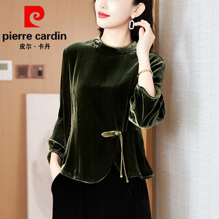 Pierre cardin high-end brand chinese style gold velvet top women's long-sleeved autumn and winter new chinese style mulberry silk shirt mother's silk pierre cardin green 3xl (recommended 125-135jin jin equals 0.5kg)