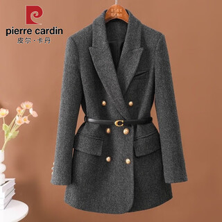 Pierre cardin thickened woolen suit jacket for women 2025 new autumn and winter double vent style fashionable suit mid-length jacket dark gray (+ belt) m recommended 101-110jin jin equals 0.5 kg