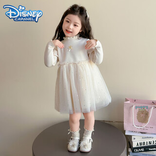 Disney (disney) girls winter dress 2025 new children's autumn and winter velvet fashionable baby girl super beautiful princess dress off-white thickened and warm 110