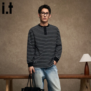 Izzue it hong kong trendy brand striped sweatshirt men's spring and autumn american retro contrast color henry collar long-sleeved bottoming shirt black official authentic l