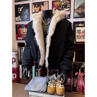 Katuchi cleanfit fur collar mountain carving cotton clothing men's winter warm loose coat american short hooded cotton clothing black l