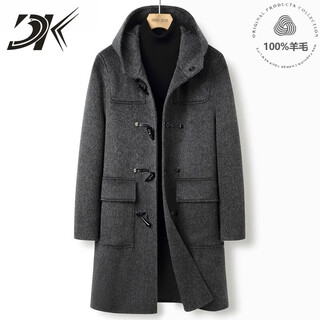 DK品牌男装秋冬新款纯羊毛呢大衣男士英伦风衣牛角扣连帽呢子外套 黑灰色 L