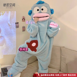 Hanton ugly fish cute and funny one-piece couple pajamas women's autumn and winter thickened coral fleece hooded men's home clothes clown fish one-piece xl 170-175cm