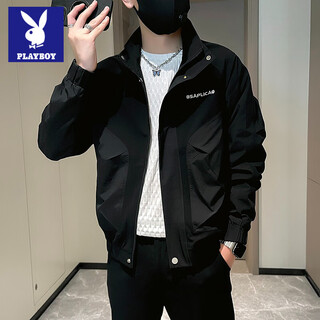Playboy trendy brand handsome stand-up collar jacket men's spring casual versatile men's jacket 2025 new high-end spring top black l recommended 115-130 jin jin equals 0.5 kg